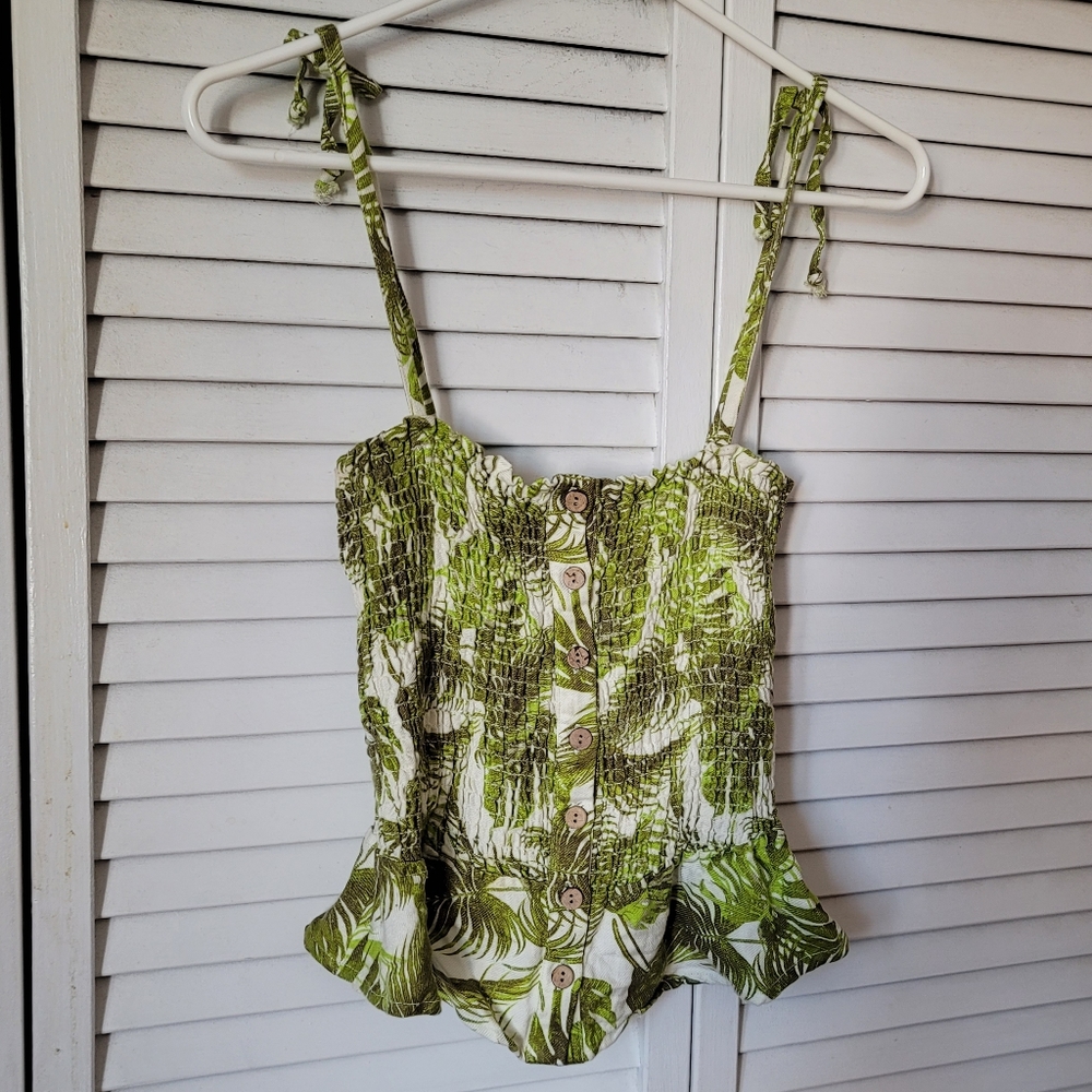 CHASER Smocked Palm Print Linen Tank, Size S